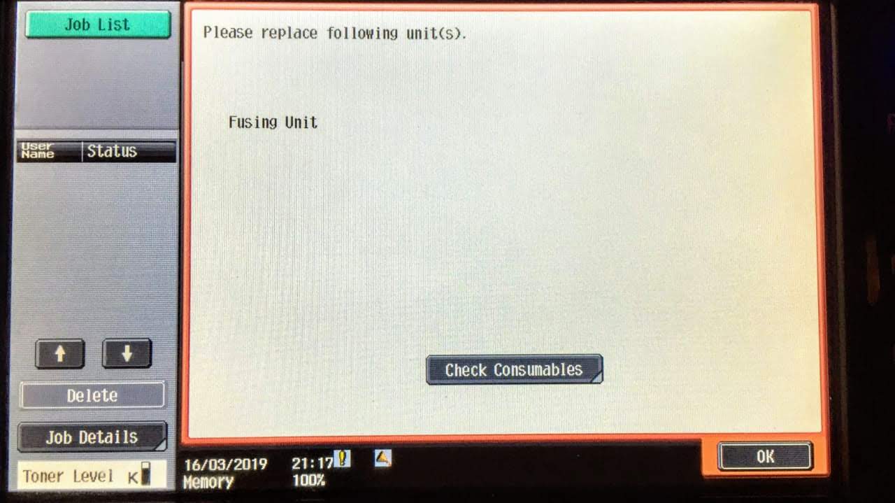 How to reset fusing unit error on Konica Minolta Bizhub C224e C284e